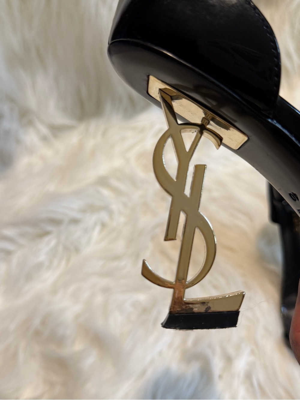 Saint Laurent Black Patent Leather Sandal Heels with Gold Sculptural Heel - Picture 9 of 15